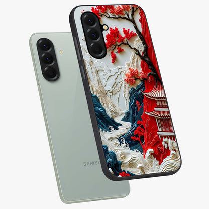Whispers Of Sakura Waves Glass Case displayed in angled mockup highlighting flowing sakura design with soft floral aesthetic.