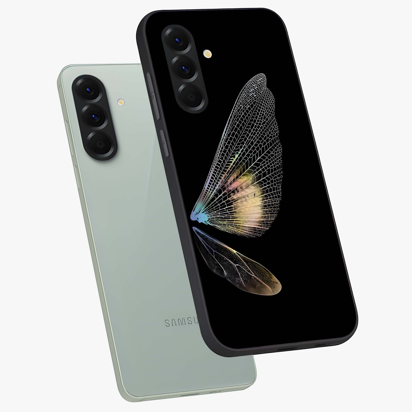 Whispers Of Wings Glass Case displayed in angled mockup highlighting soft feather design with celestial aesthetic style.