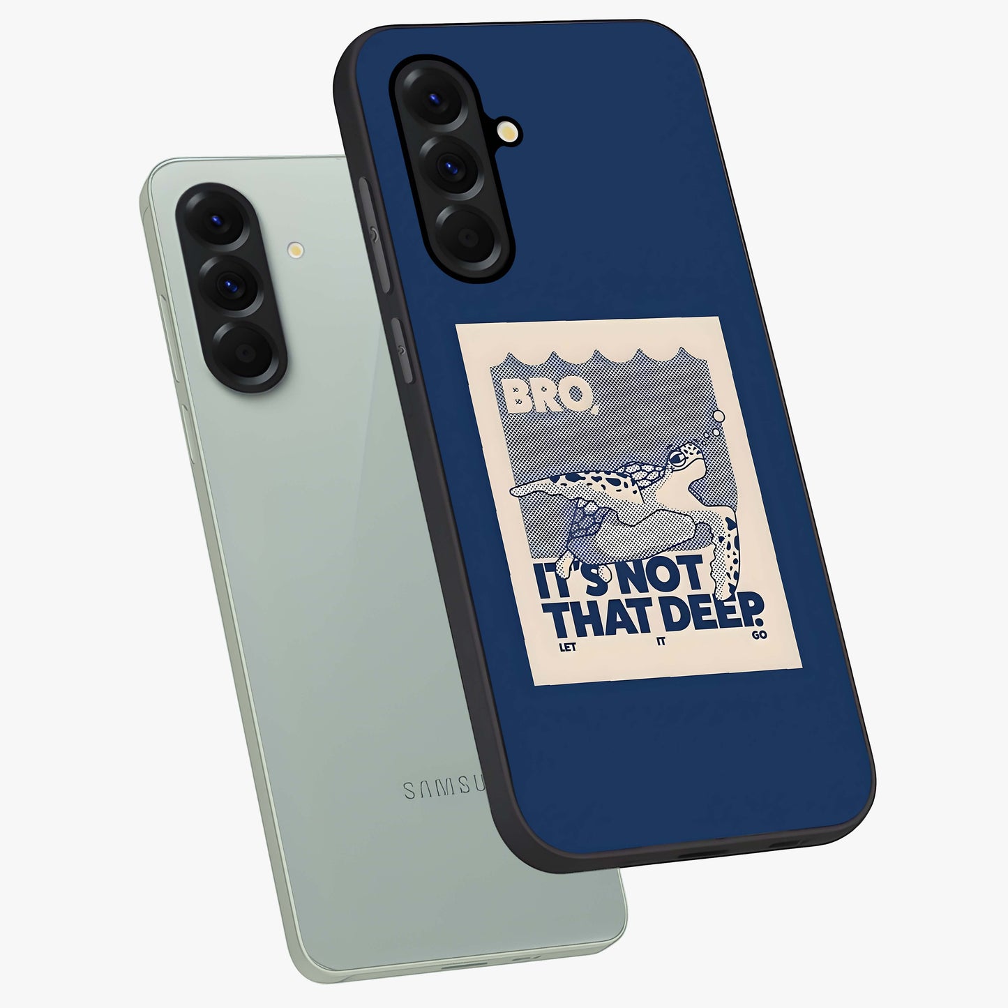 Worry Less Swim Glass Case displayed in angled mockup highlighting fun typography design with relaxed aesthetic style.