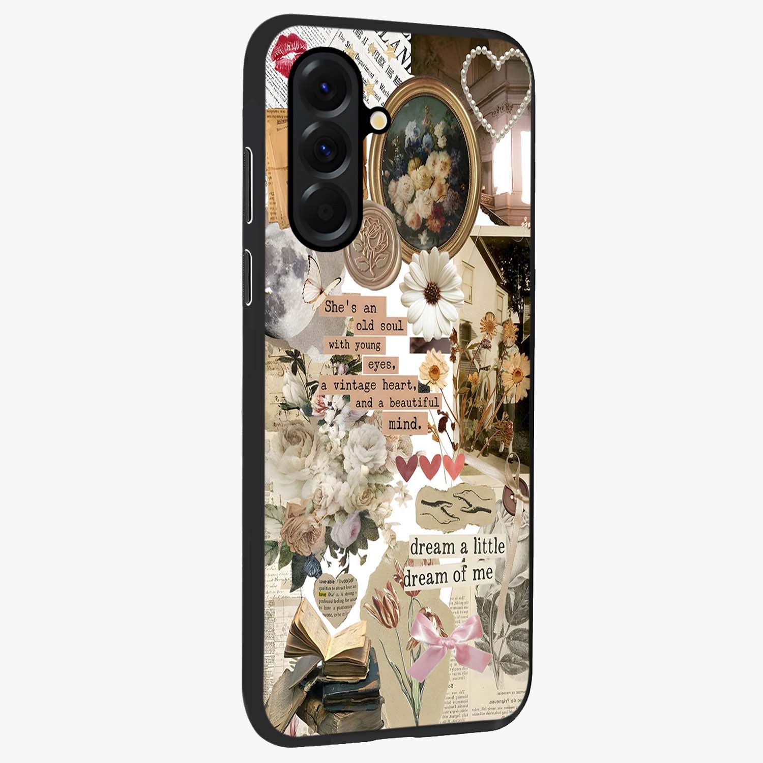 Aesthetic Brown Vintage Collage Glass Case upright view showcasing nostalgic retro artwork with stylish vintage theme.