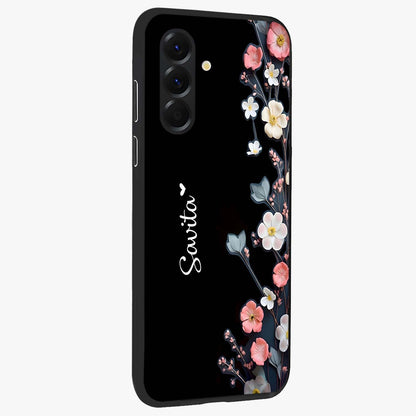 Black Elegance Floral Custom Name Glass Case upright view showcasing luxurious black floral design with personalized name detail.