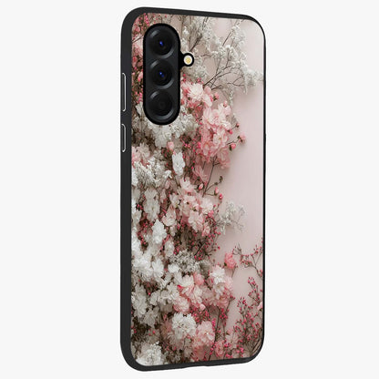 Blush Blossom Cloud Glass Case upright view showcasing calm floral cloud artwork with gentle dreamy theme.