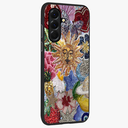 Celestial Floral and Playful Glass Case upright view showcasing whimsical floral artwork with cosmic aesthetic theme.