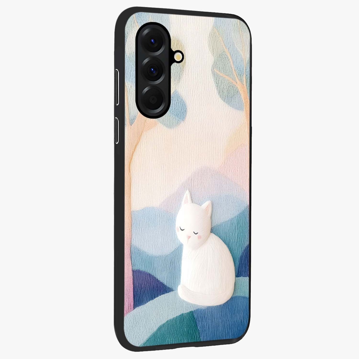 Cotton Dream Cat Glass Case upright view showcasing charming cat artwork with cozy dreamy theme.