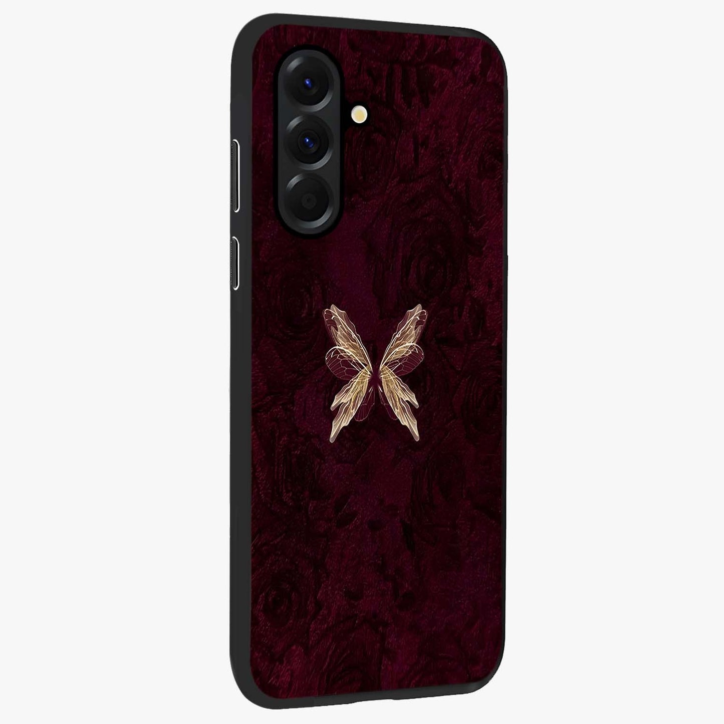 Crimson Fade Butterfly Glass Case upright view showcasing graceful butterfly artwork with soft crimson fade effect.