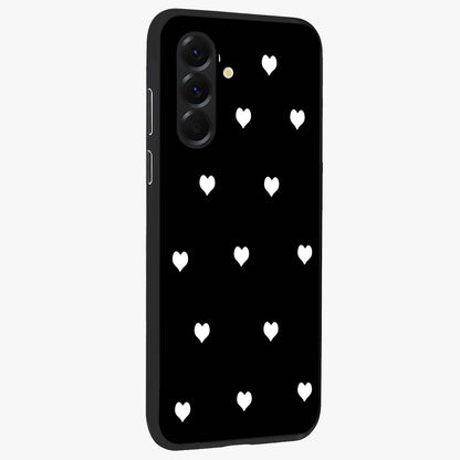 Cute And Simple White Hearts Glass Case upright view showcasing simple white hearts artwork with soft minimal theme.