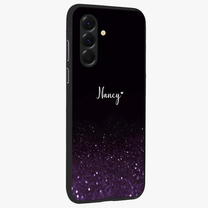 Glittery Purple Bokeh Custom Name Glass Case upright view showcasing vibrant purple sparkle artwork with personalized aesthetic style.