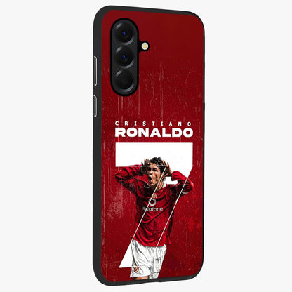 Goal Celebration Legacy Glass Case upright view showcasing dynamic football inspired artwork with victory celebration aesthetic.