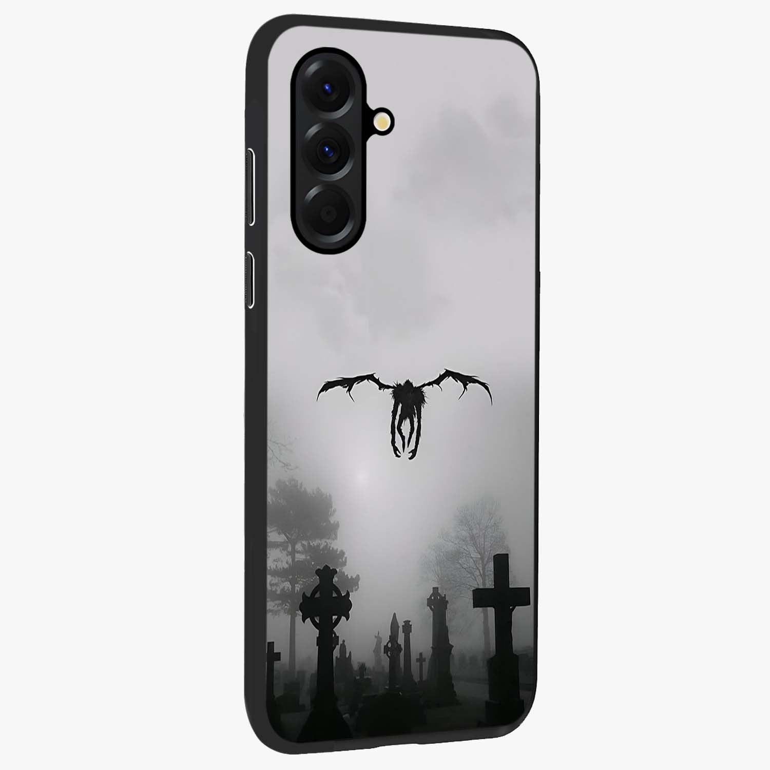 Graveyard Shadow Descent Glass Case upright view showcasing haunting graveyard artwork with dramatic dark theme.