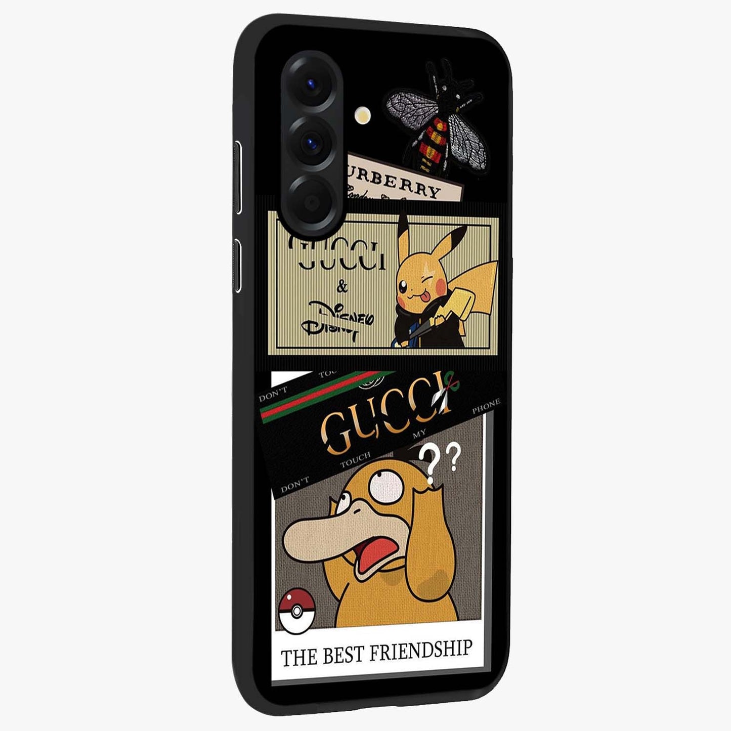 Gucci Play Mashup Glass Case upright view showcasing trendy luxury inspired artwork with modern fashion theme.