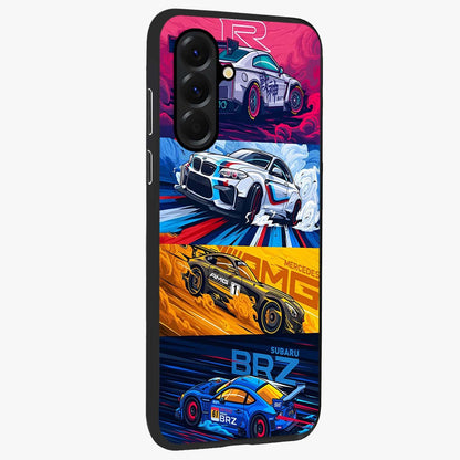 JDM Sports Car Glass Case upright view showcasing dynamic sports car artwork with bold racing theme.