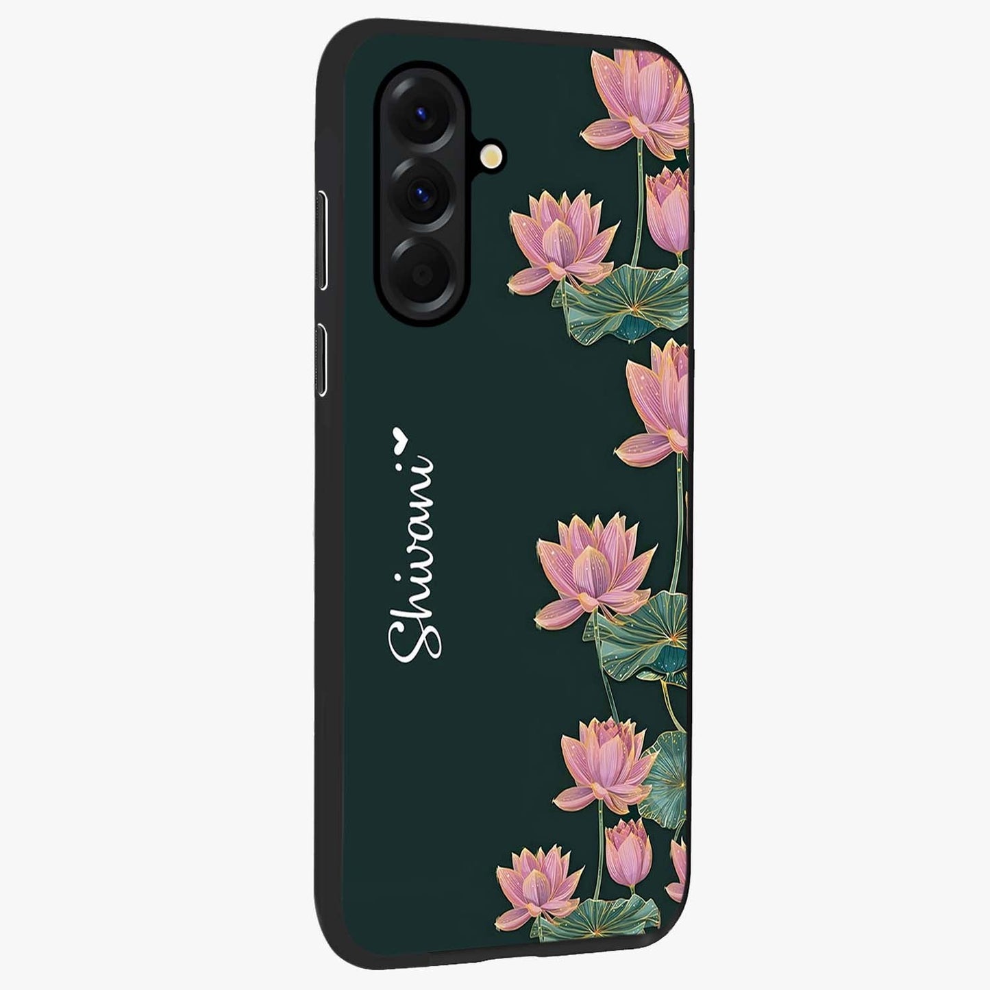 Lotus Bloom Serenity Custom Name Glass Case upright view showcasing serene lotus bloom artwork with personalized floral aesthetic.