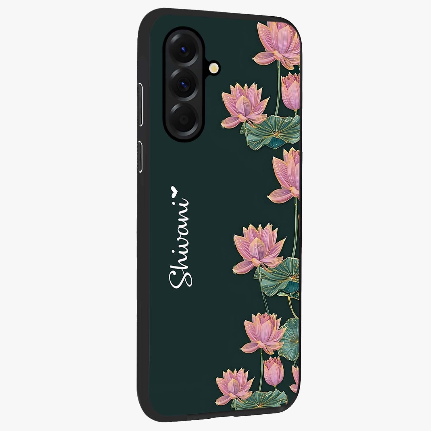 Lotus Bloom Serenity Custom Name Glass Case upright view showcasing serene lotus bloom artwork with personalized floral aesthetic.