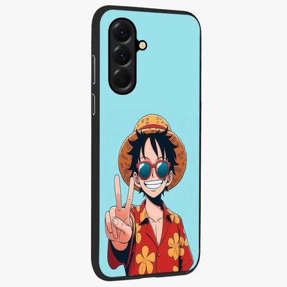 Luffy Summer Anime Vibe Glass Case upright view showcasing dynamic anime artwork with bright adventurous theme.