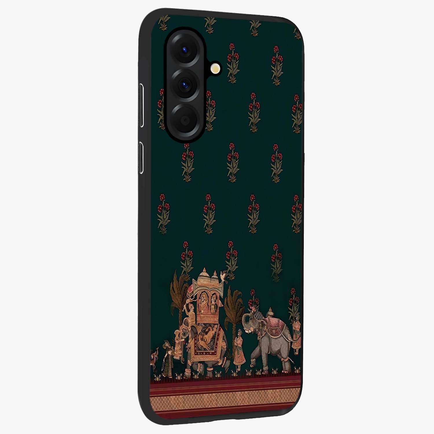 Macmerise Glass Case upright view showcasing bold artistic artwork with contemporary design theme.