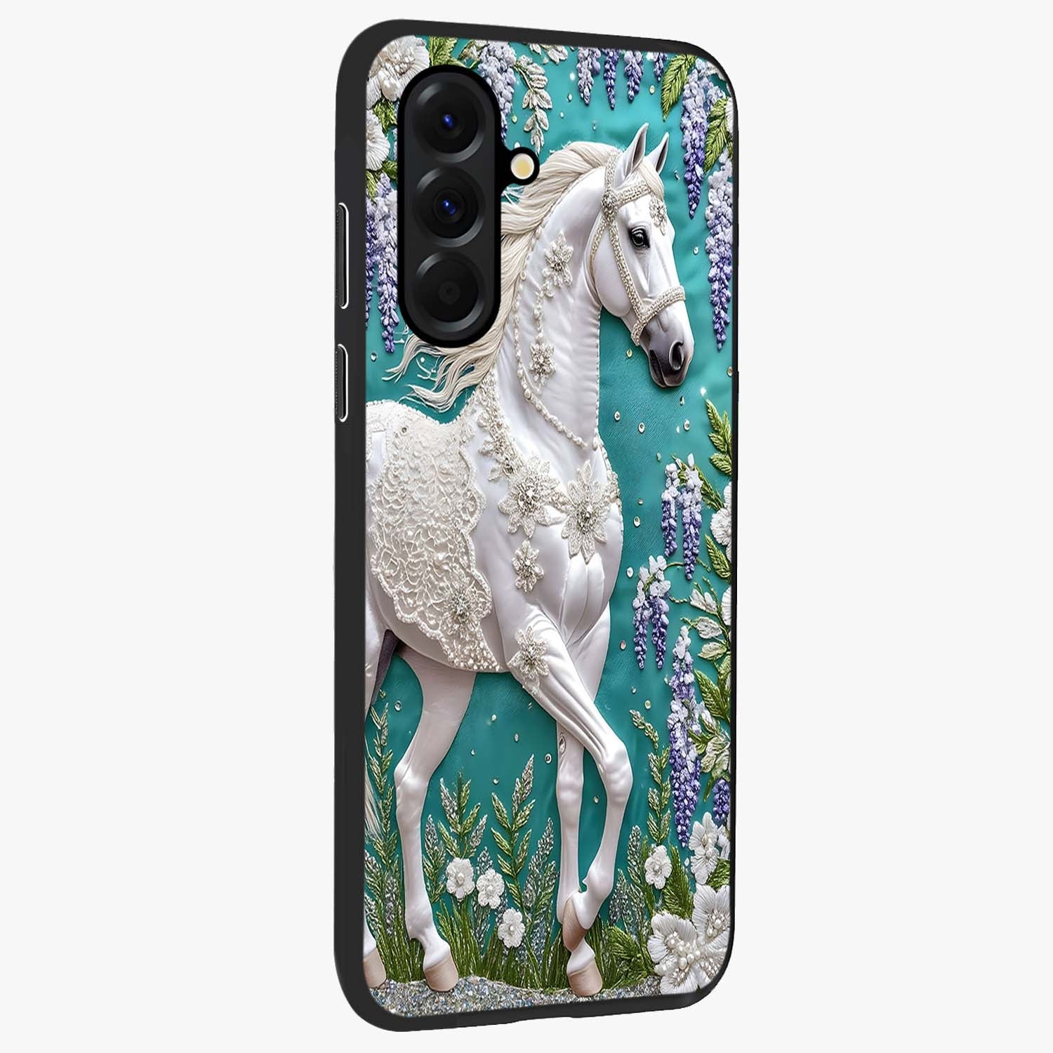 Majestic Floral Stallion Glass Case upright view showcasing dramatic horse artwork with decorative floral theme.