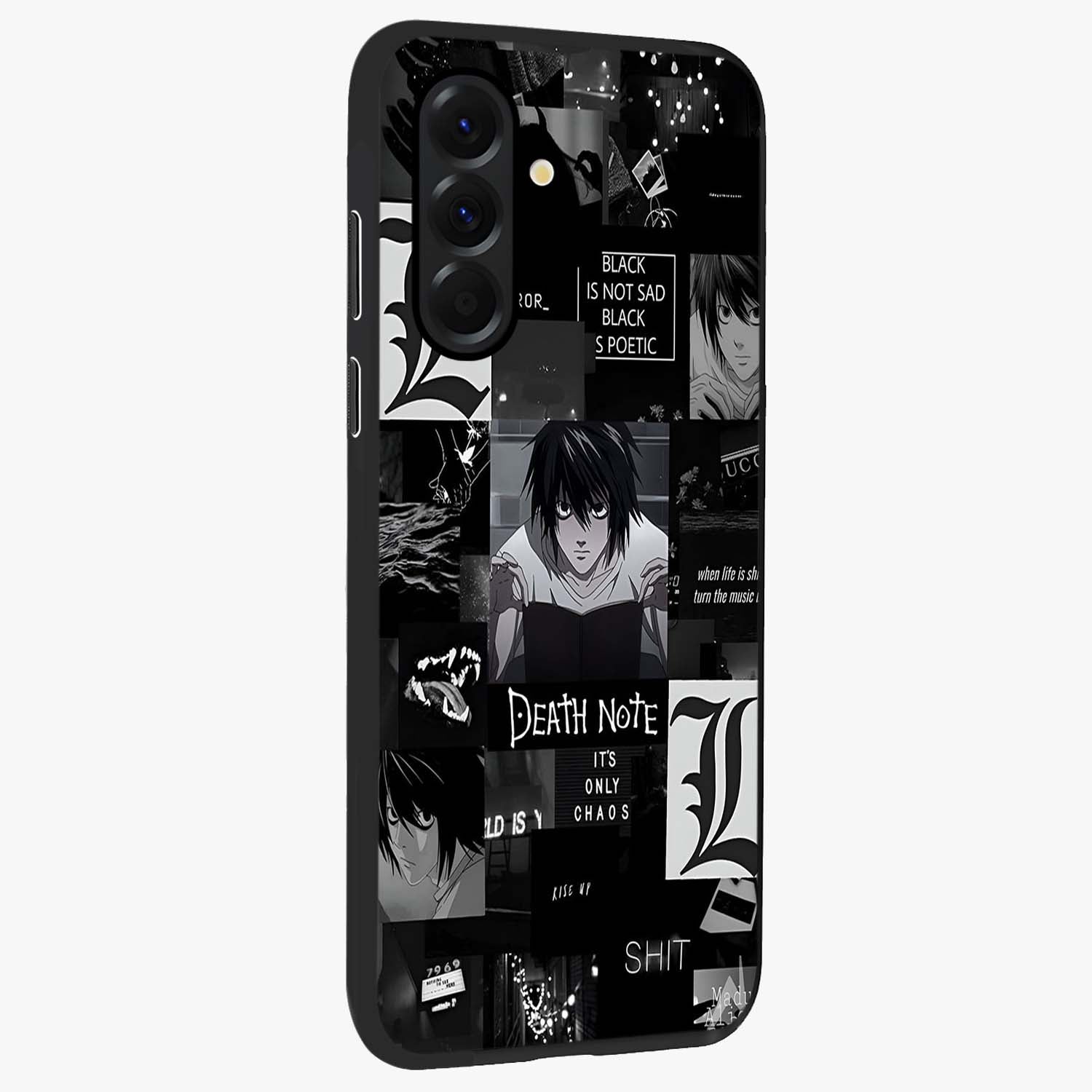 Midnight Chaos Mind Glass Case upright view showcasing expressive abstract artwork with bold dark theme.