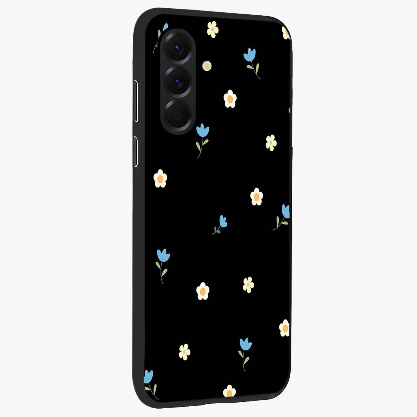Minimal Petal Whispers Glass Case upright view showcasing elegant floral artwork with modern minimalist style.