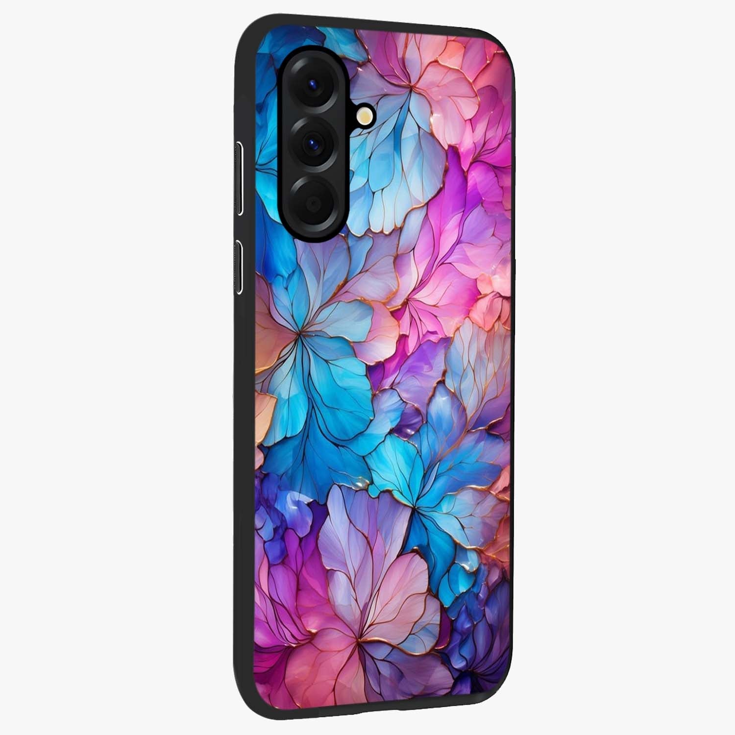 Radiant Floral Whirl Glass Case upright view showcasing lively floral artwork with decorative swirl theme.