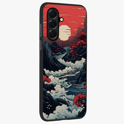 Red Sunset Scenery Glass Case upright view showcasing dramatic sunset scenery artwork with warm nature theme.