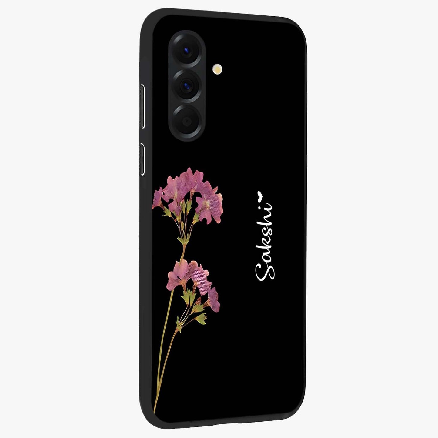 Riching Lavender Flower Custom Name Glass Case upright view showcasing elegant lavender floral artwork with personalized aesthetic.