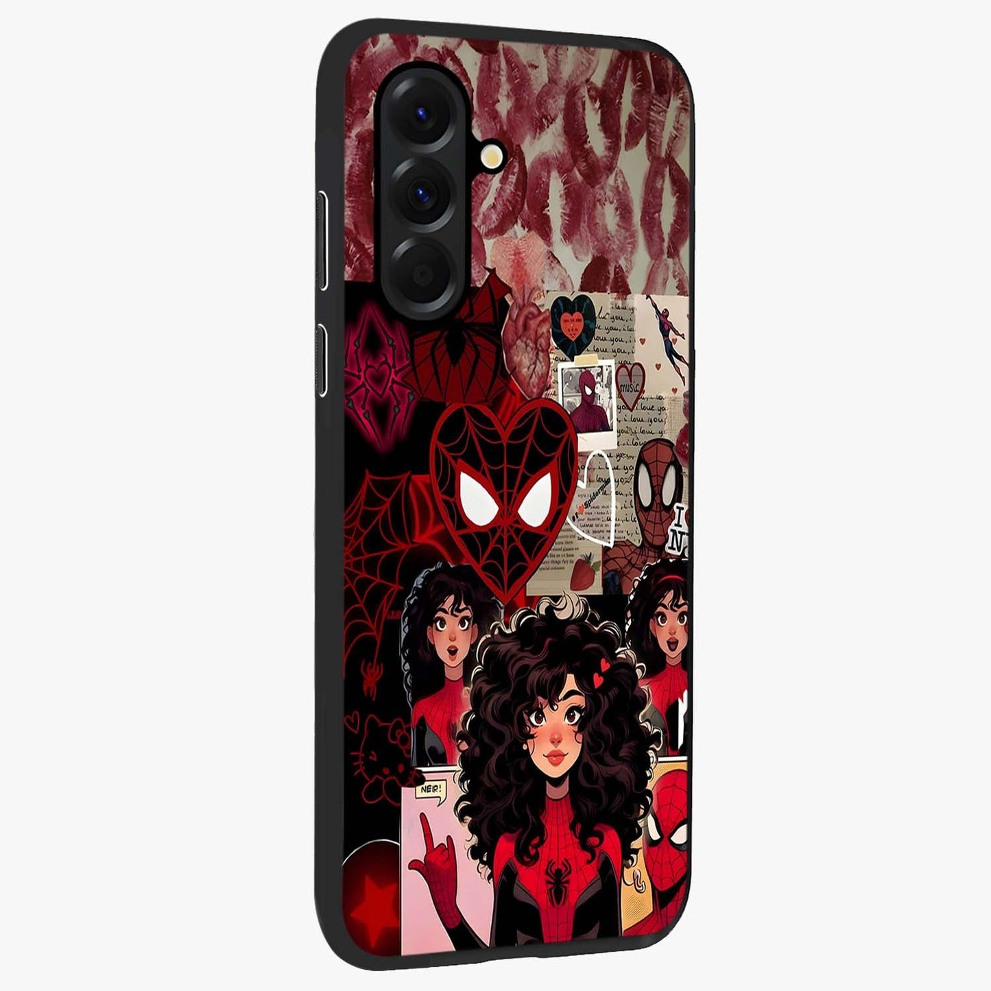 Spider Love Story Glass Case upright view showcasing charming superhero artwork with romantic comic theme.