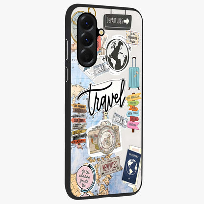 Wanderlust Journal Glass Case upright view showcasing wanderlust inspired artwork with creative exploration theme.
