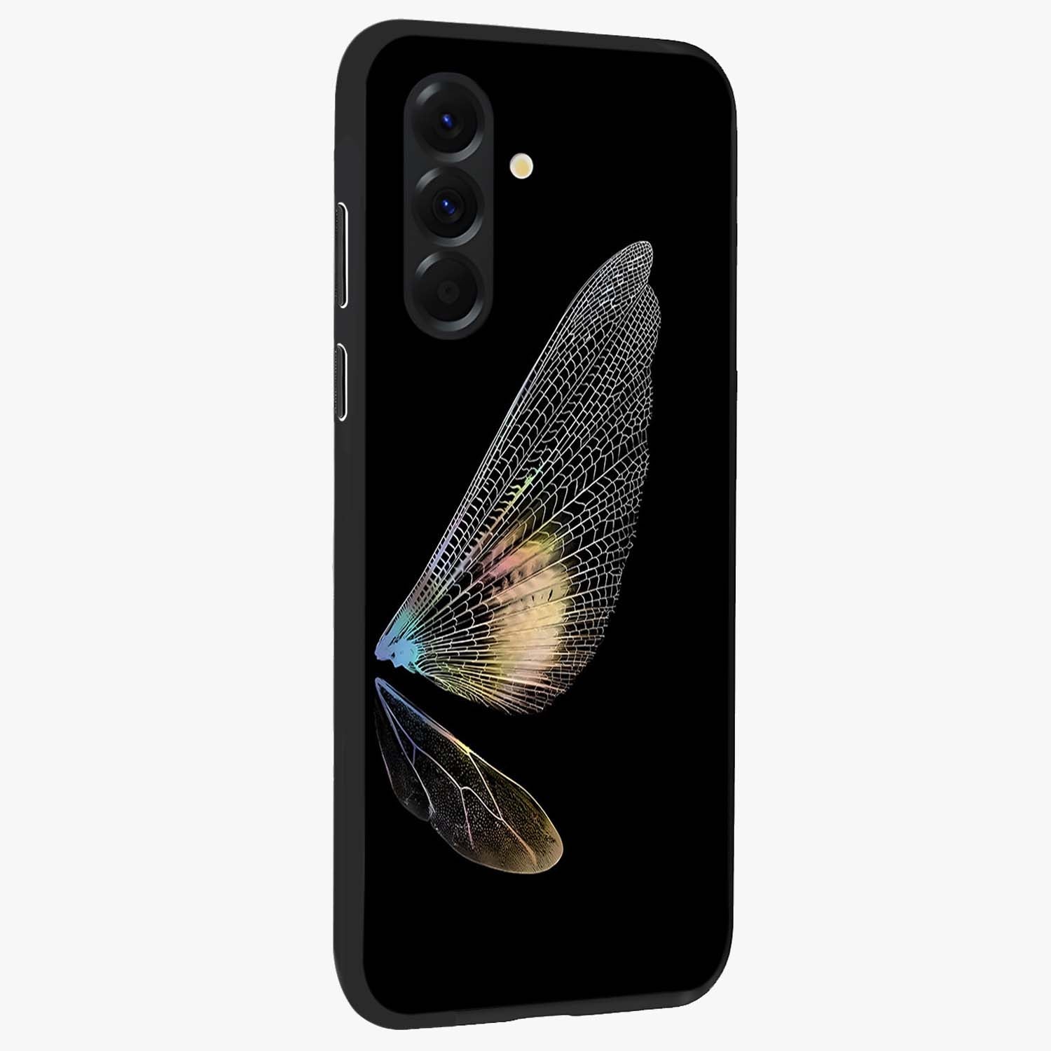 Whispers Of Wings Glass Case upright view showcasing elegant wing artwork with light airy theme.