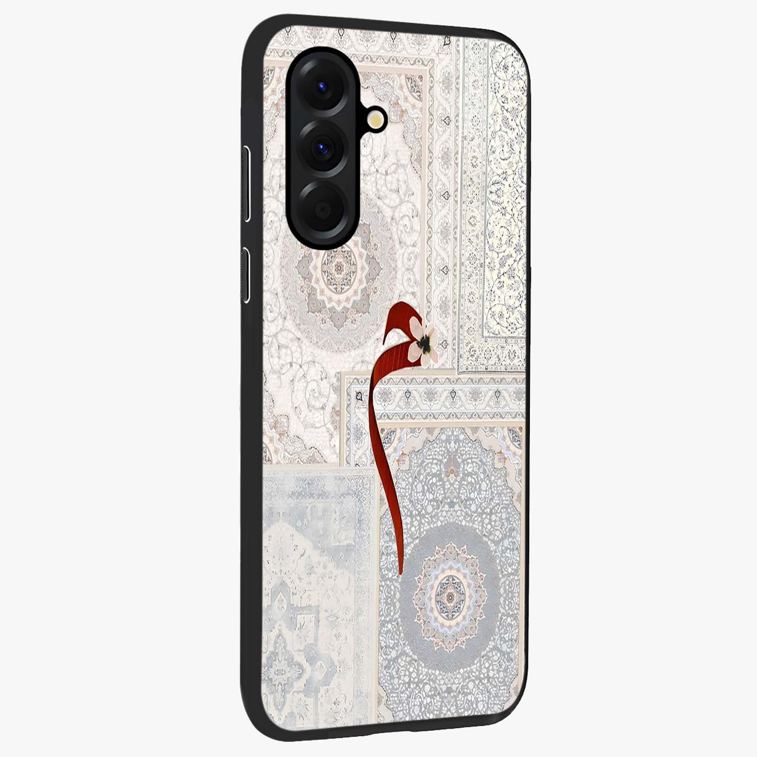 White Aesthetic Bow Glass Case upright view showcasing delicate ribbon bow artwork with cute minimalist theme.