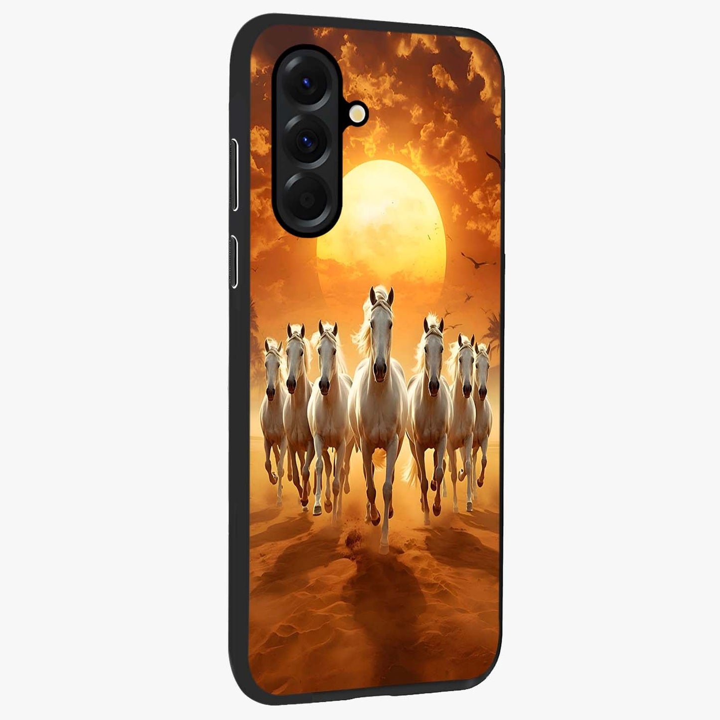 Wild Sunset Majesty Glass Case upright view showcasing dramatic sunset artwork with bold nature theme.