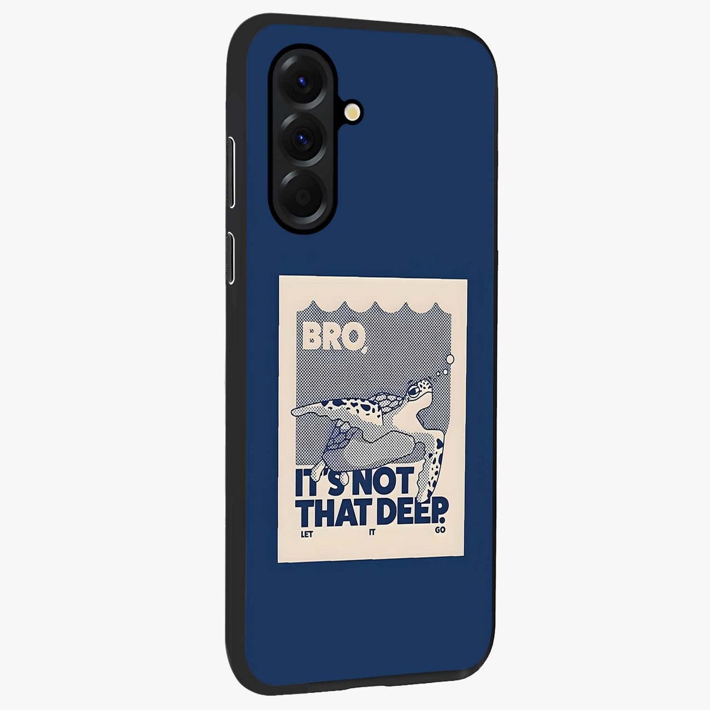Worry Less Swim Glass Case upright view showcasing cheerful artistic artwork with carefree inspirational theme.