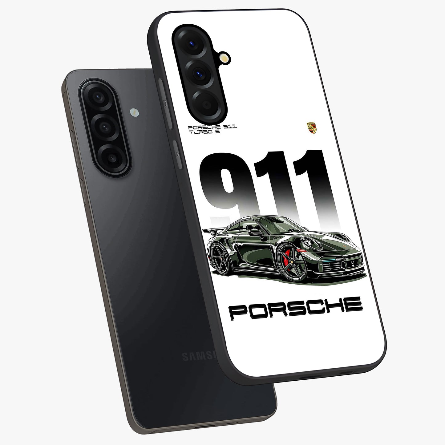911 Turbo Dominance Glass Case displayed in premium angled mockup highlighting sporty car illustration and sleek glass surface.