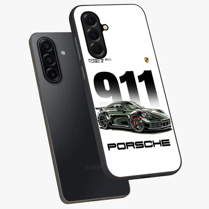 911 Turbo Dominance Glass Case displayed in premium angled mockup highlighting sporty car illustration and sleek glass surface.