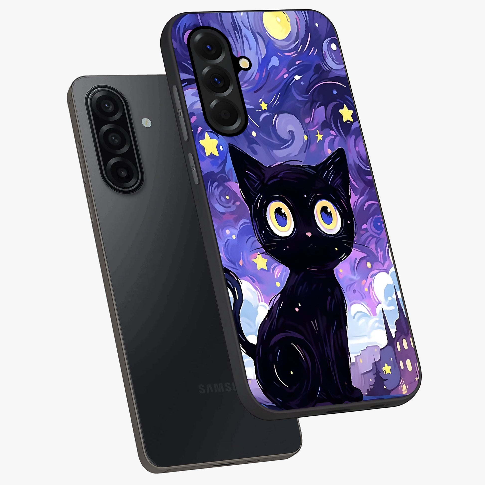 Abstract Cat Art Glass Case displayed in angled mockup highlighting modern abstract cat artwork and sleek glass surface.