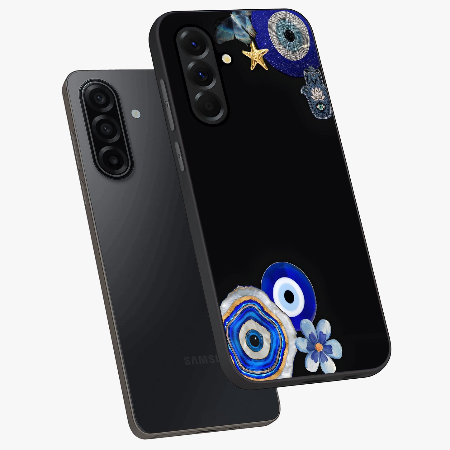 Aesthetic Blue Evil Eye Glass Case displayed in angled mockup highlighting blue evil eye symbol and spiritual aesthetic design.