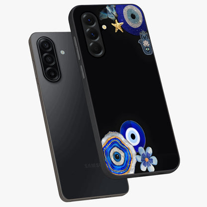 Aesthetic Blue Evil Eye Glass Case displayed in angled mockup highlighting blue evil eye symbol and spiritual aesthetic design.
