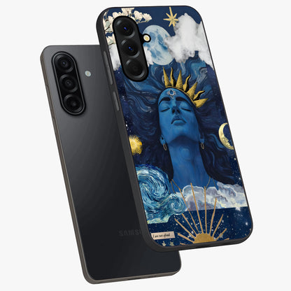 Aesthetic Lord Shiva Glass Case displayed in angled mockup highlighting spiritual Shiva illustration and sacred aesthetic design.