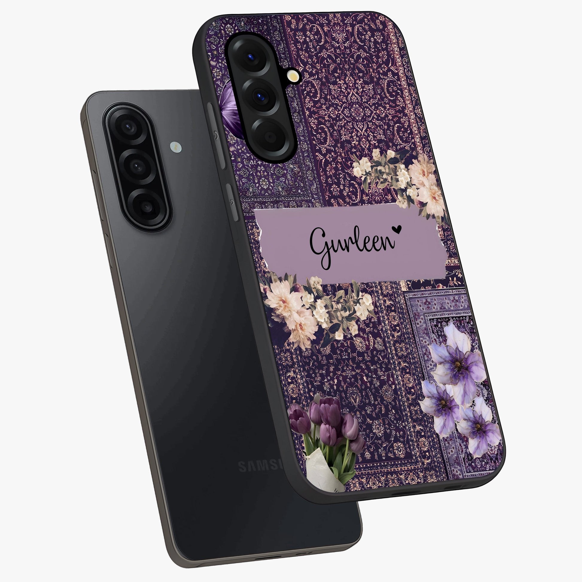 Antique Floral Whisper Custom Name Glass Case displayed in angled mockup highlighting elegant antique floral aesthetic.