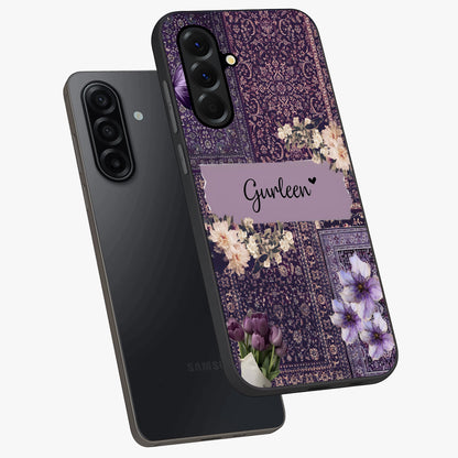 Antique Floral Whisper Custom Name Glass Case displayed in angled mockup highlighting elegant antique floral aesthetic.