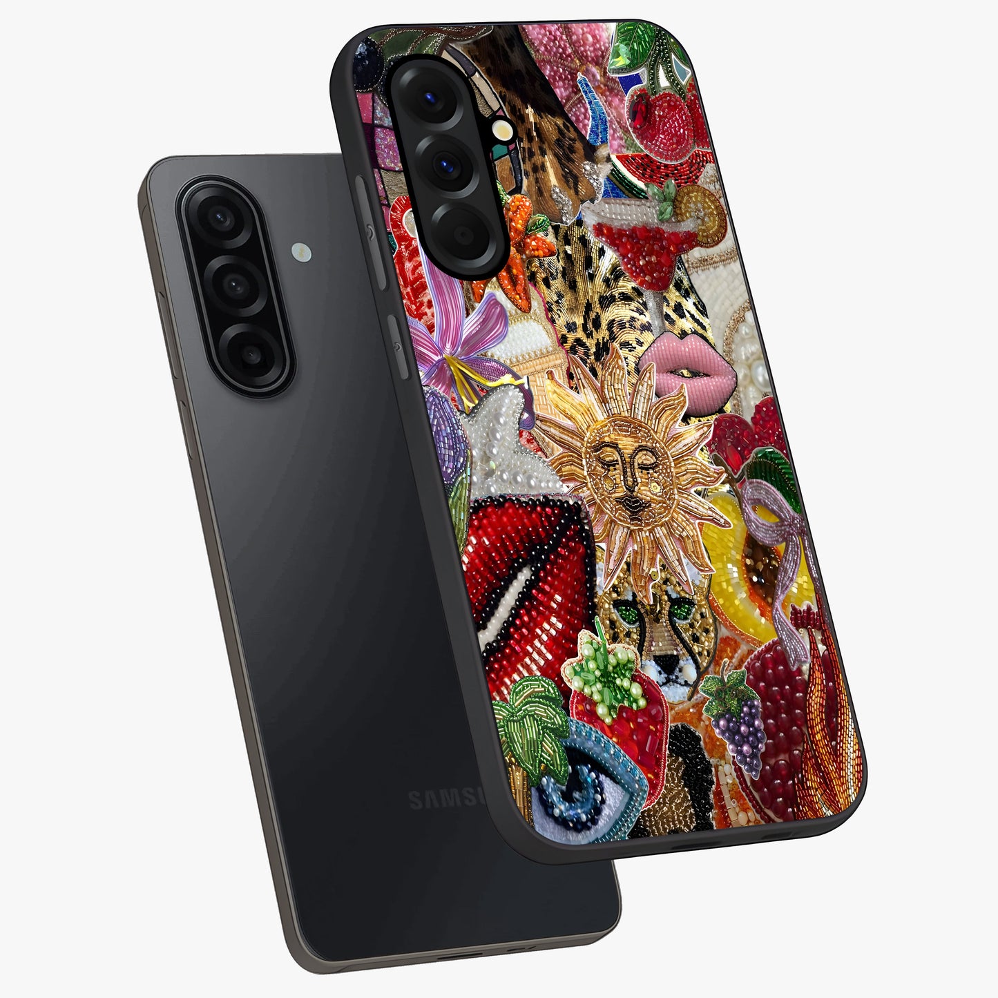 Beaded Fashion Jungle Glass Case displayed in angled mockup highlighting colorful fashion bead design and artistic pattern.