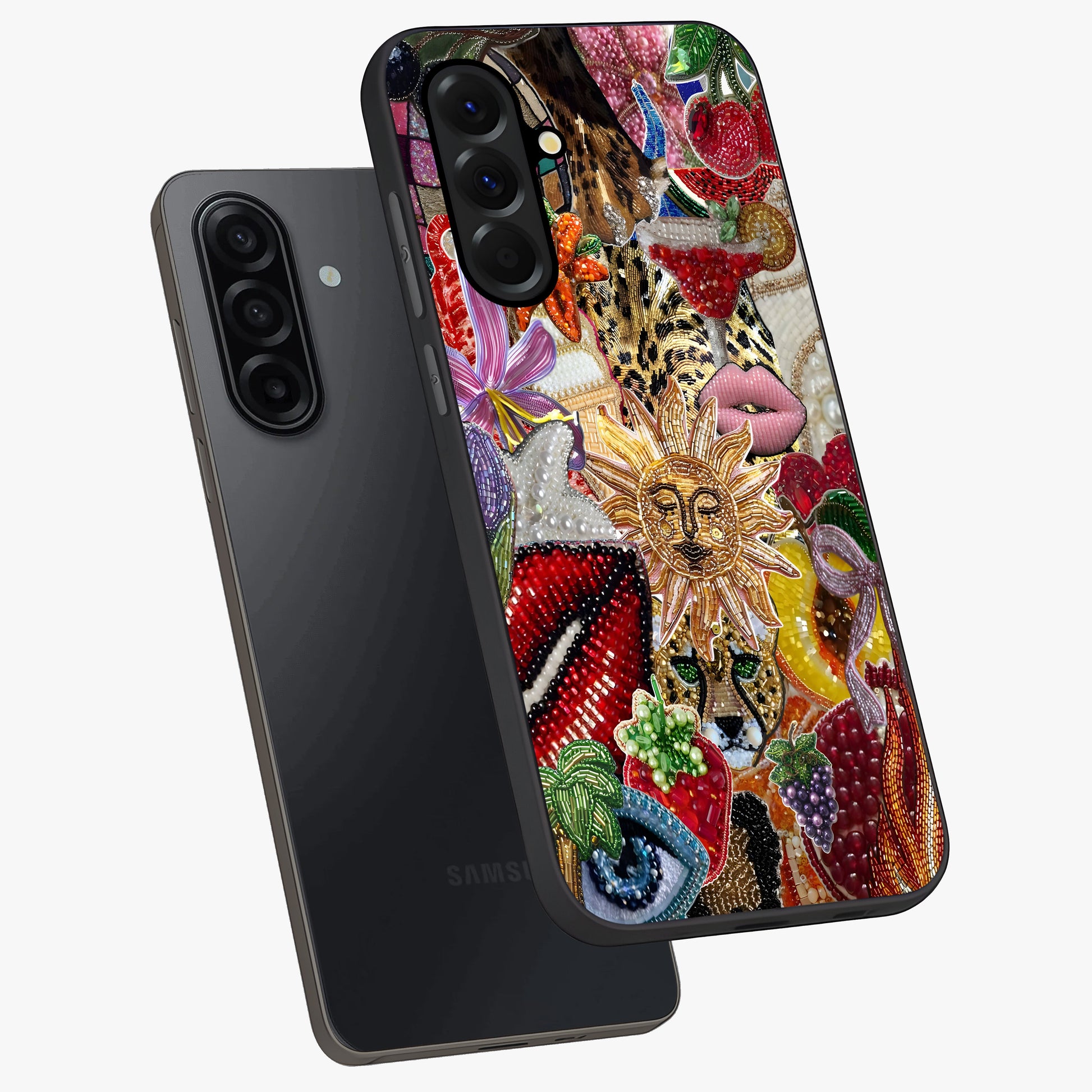 Beaded Fashion Jungle Glass Case displayed in angled mockup highlighting colorful fashion bead design and artistic pattern.