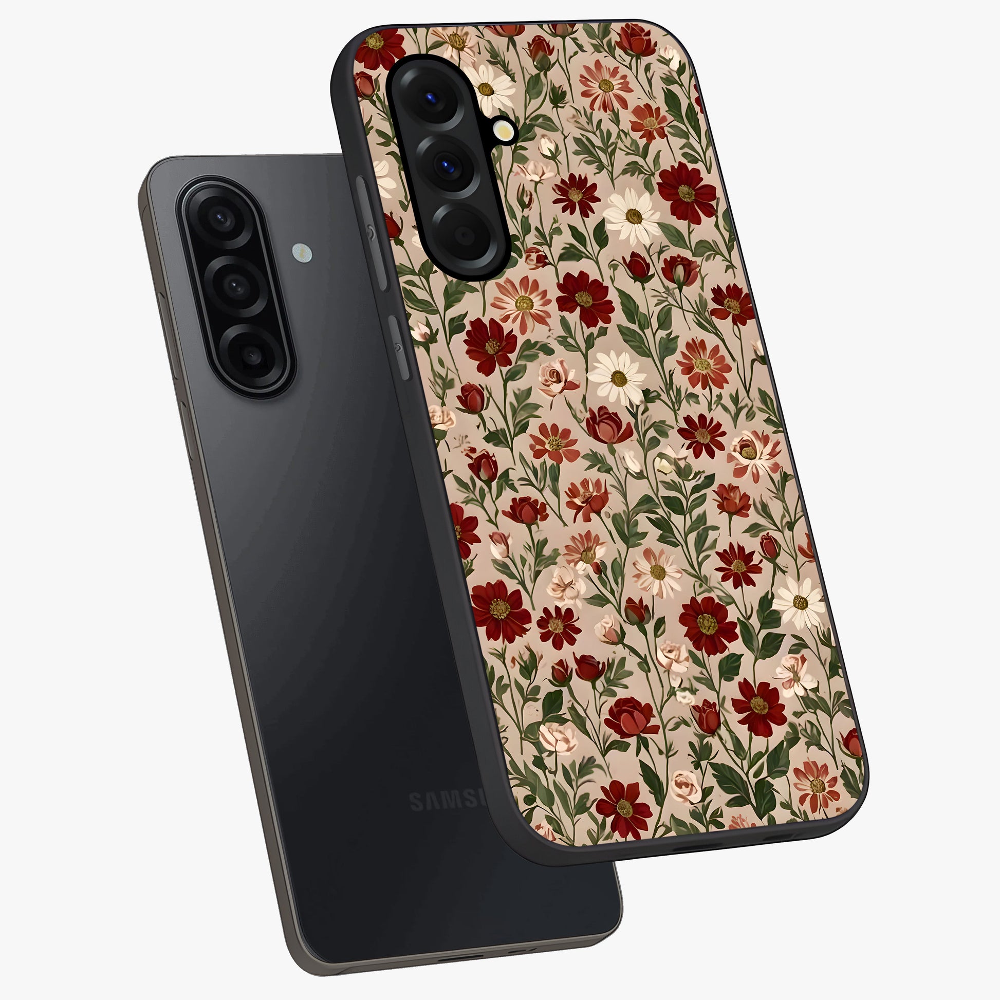 Biege Flower With Leaf Glass Case displayed in angled mockup highlighting minimal floral leaf design and elegant aesthetic.