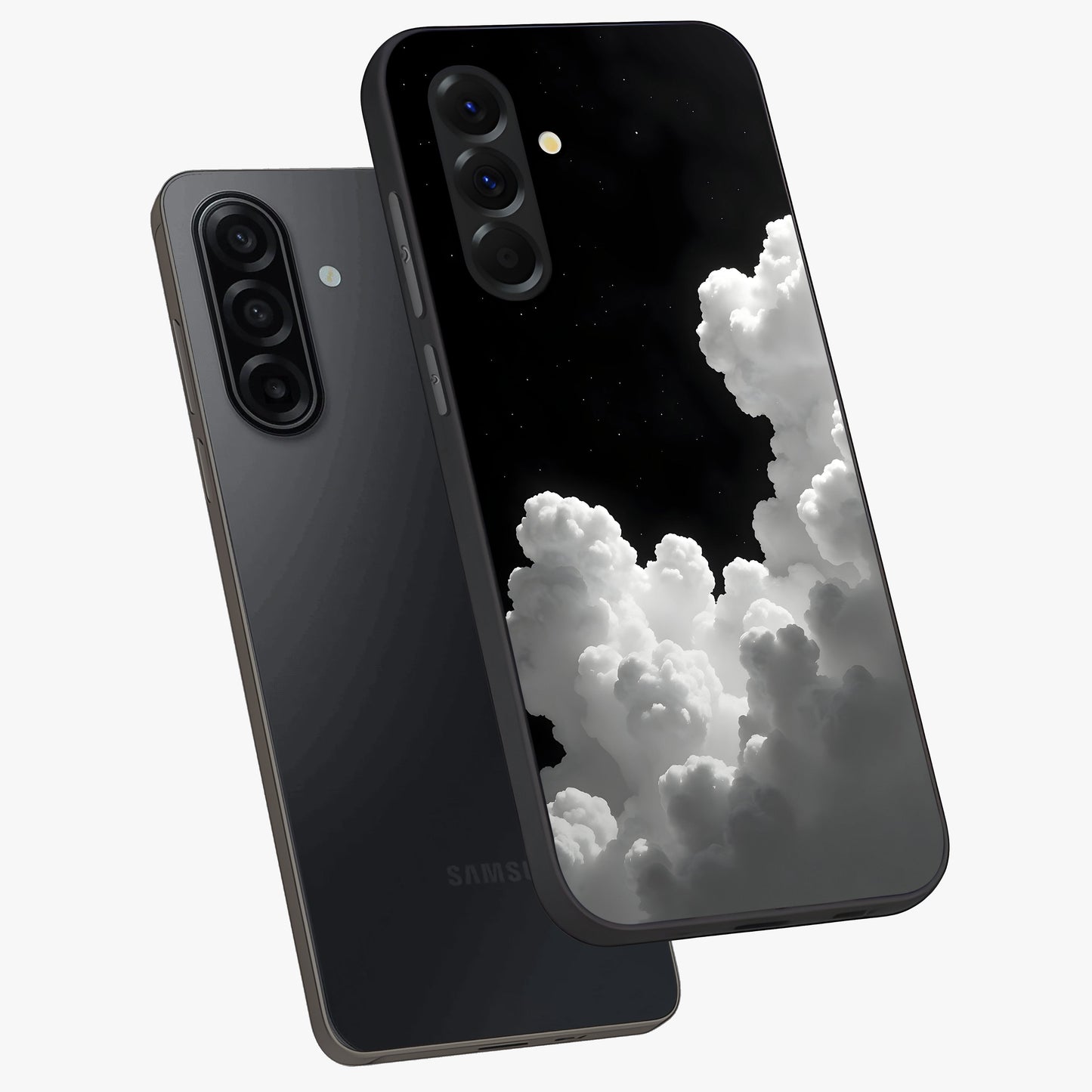 Black Background With White Cloud Glass Case displayed in angled mockup highlighting soft white cloud illustration and minimal design.