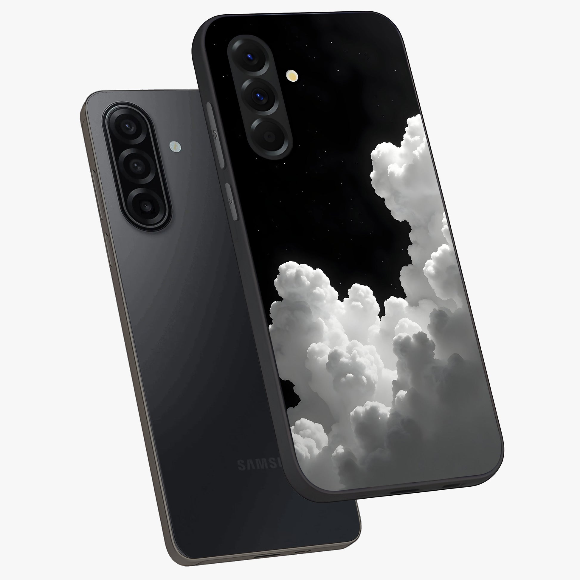 Black Background With White Cloud Glass Case displayed in angled mockup highlighting soft white cloud illustration and minimal design.