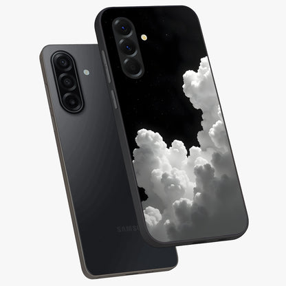 Black Background With White Cloud Glass Case displayed in angled mockup highlighting soft white cloud illustration and minimal design.