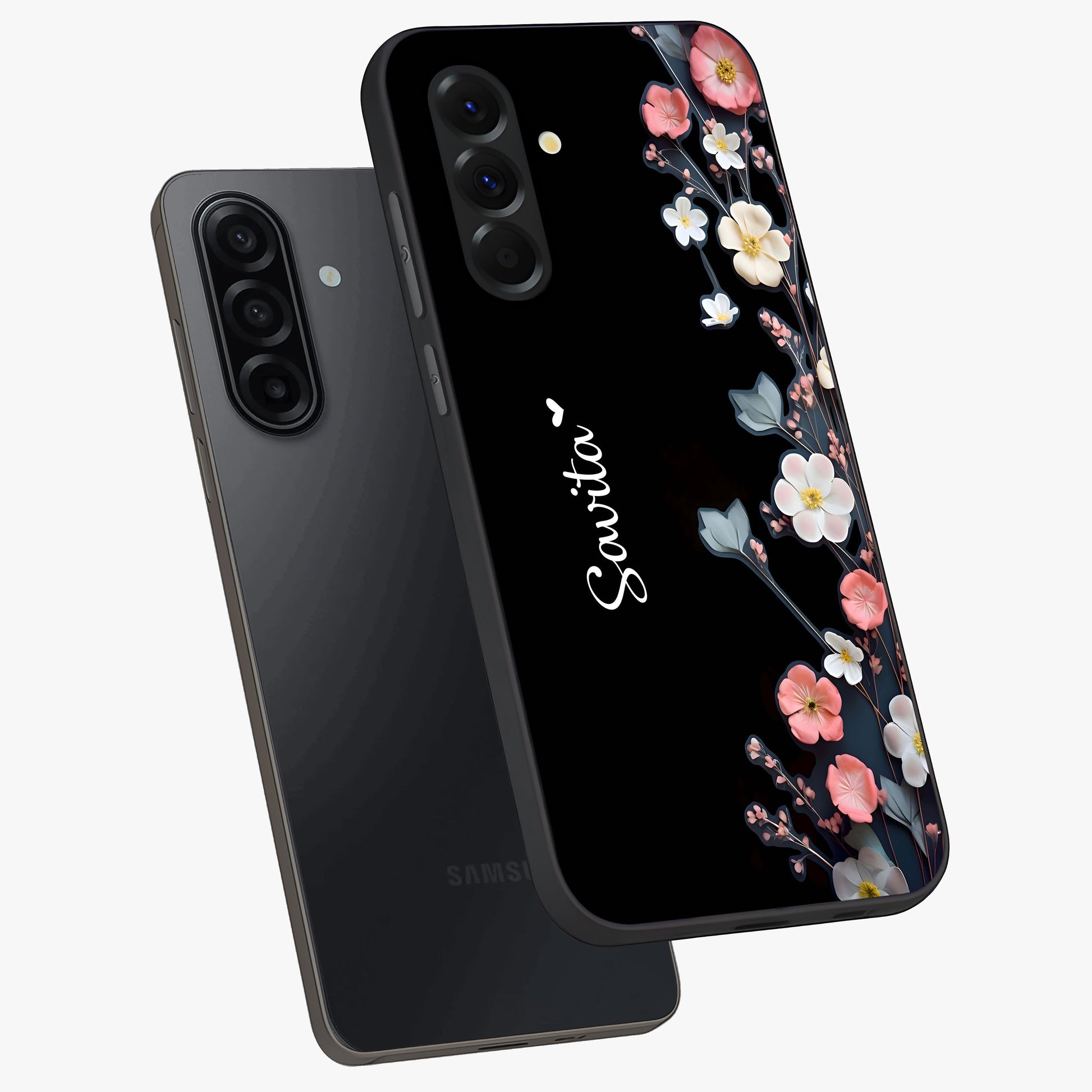 Black Elegance Floral Custom Name Glass Case displayed in angled mockup highlighting dark floral aesthetic and custom name feature.