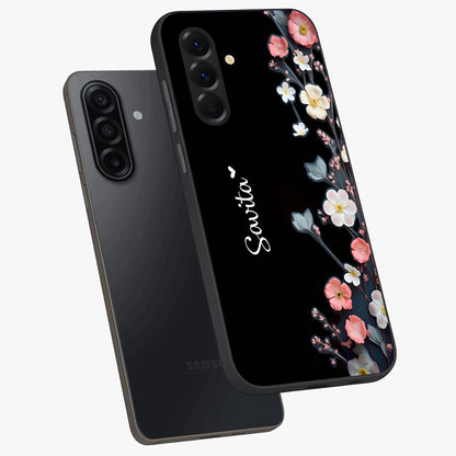 Black Elegance Floral Custom Name Glass Case displayed in angled mockup highlighting dark floral aesthetic and custom name feature.