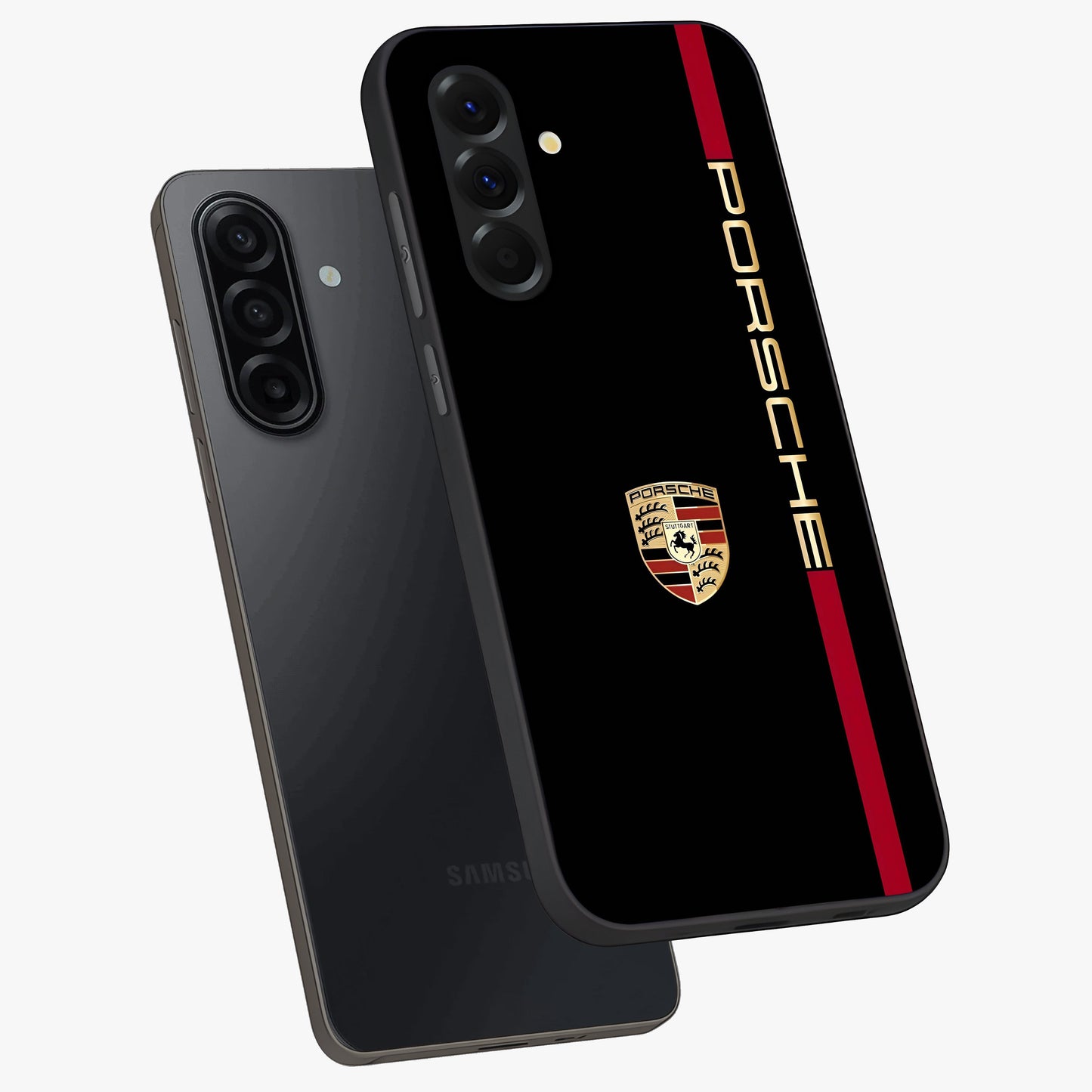 Black Minimal Porsche Glass Case displayed in angled mockup highlighting modern minimal car illustration and clean aesthetic design.