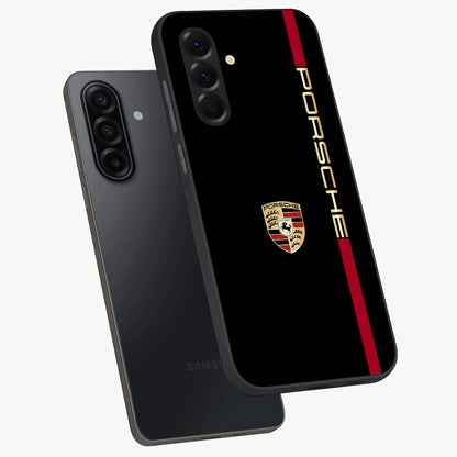 Black Minimal Porsche Glass Case displayed in angled mockup highlighting modern minimal car illustration and clean aesthetic design.
