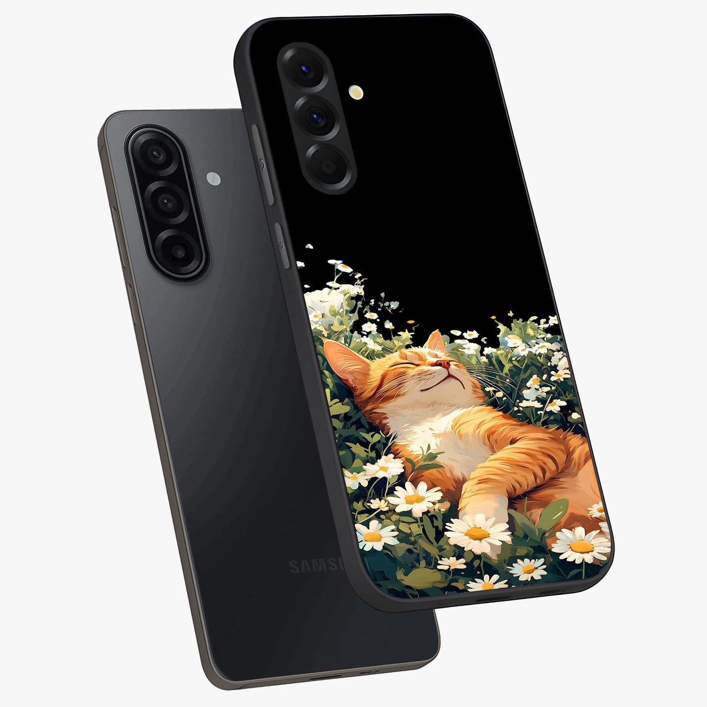 Blissful Bloom Cat Glass Case displayed in angled mockup highlighting playful feline illustration with soft floral aesthetic.